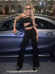 SHEIN ICON Một bờ vai Cắt ra Top Cây trồng - màu đen - Xem 3