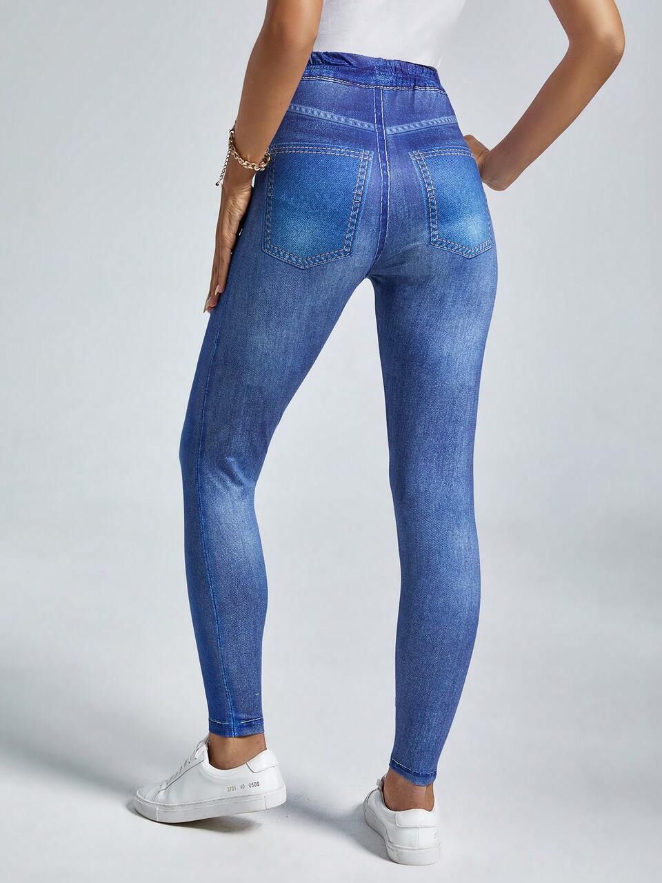 High Waist Denim-Effect Print Leggings,Casual