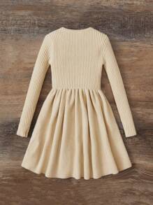 SHEIN Leap Crew Tween Girl Solid Ribbed Knit Sweater Dress Without Belt - Apricot - View 2