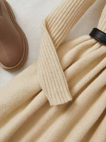 SHEIN Leap Crew Tween Girl Solid Ribbed Knit Sweater Dress Without Belt - Apricot - View 4