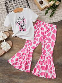 SHEIN 女小童卡通圖案T恤&滿版印花喇叭褲 - 彩色 - 查看 1