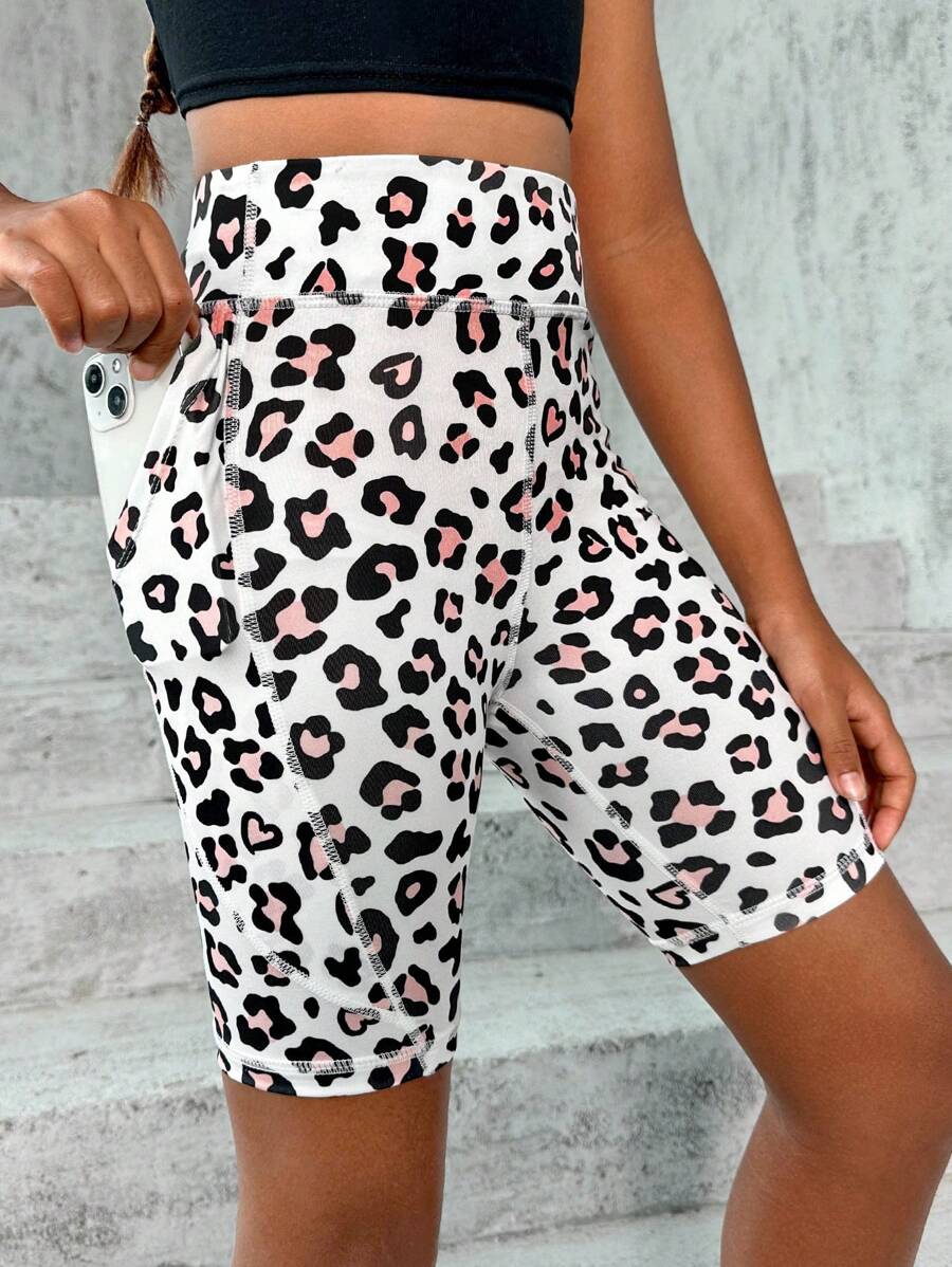 SHEIN Tween Girl 1pc Leopard Print Cycling Shorts With Phone Pocket - Multicolor - View 1
