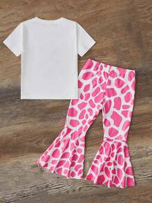 SHEIN 女小童卡通圖案T恤&滿版印花喇叭褲 - 彩色 - 查看 2