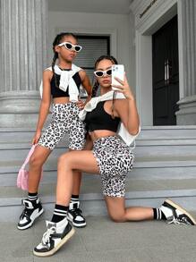 SHEIN Tween Girl 1pc Leopard Print Cycling Shorts With Phone Pocket - Multicolor - View 7