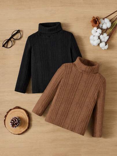 SHEIN Young Boy 2pcs Turtle Neck Tee Chic Autumn/Winter,Kids