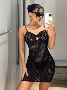 SHEIN ICON 鏤空前扭結吊帶毛衣裙不附帶內衣褲套裝 - 黑色 - 查看 4