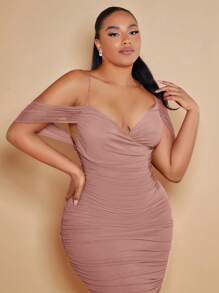 SHEIN BAE Plus Cold Shoulder Ruched Bodycon Dress - Dusty Pink - View 3