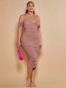 SHEIN BAE Plus Cold Shoulder Ruched Bodycon Dress - Dusty Pink - View 4