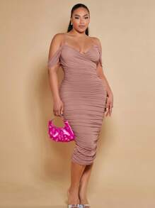 SHEIN BAE Plus Cold Shoulder Ruched Bodycon Dress - Dusty Pink - View 6