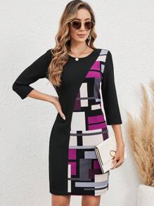 EMERY ROSE Geo Print Round Neck Dress - Multicolor - View 3