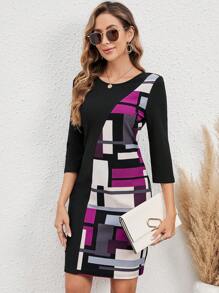 EMERY ROSE Geo Print Round Neck Dress - Multicolor - View 4
