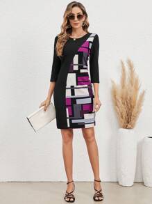 EMERY ROSE Geo Print Round Neck Dress - Multicolor - View 5