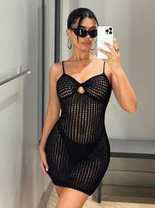 SHEIN ICON 鏤空前扭結吊帶毛衣裙不附帶內衣褲套裝 - 黑色 - 查看 5