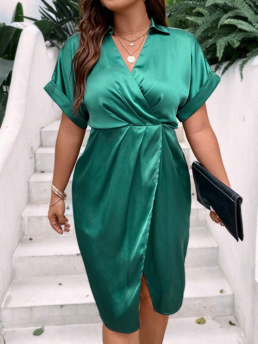 SHEIN Clasi Hơn Chất rắn tay cánh Bọc Xa ten Đầm - màu xanh lá - Xem 1