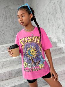 SHEIN 女大童太陽和標語圖案落肩T恤 - 粉色 - 查看 2