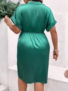 SHEIN Clasi Hơn Chất rắn tay cánh Bọc Xa ten Đầm - màu xanh lá - Xem 2