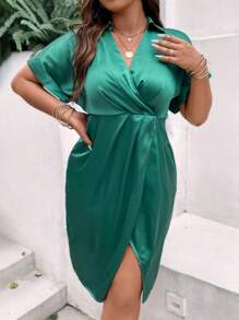 SHEIN Clasi Hơn Chất rắn tay cánh Bọc Xa ten Đầm - màu xanh lá - Xem 4