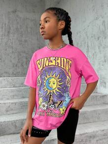 SHEIN 女大童太陽和標語圖案落肩T恤 - 粉色 - 查看 1