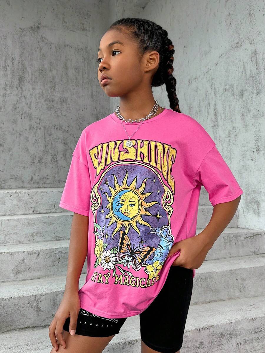 SHEIN 女大童太陽和標語圖案落肩T恤 - 粉色 - 查看 1