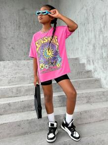 SHEIN 女大童太陽和標語圖案落肩T恤 - 粉色 - 查看 4