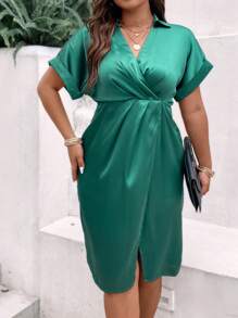 SHEIN Clasi Hơn Chất rắn tay cánh Bọc Xa ten Đầm - màu xanh lá - Xem 5