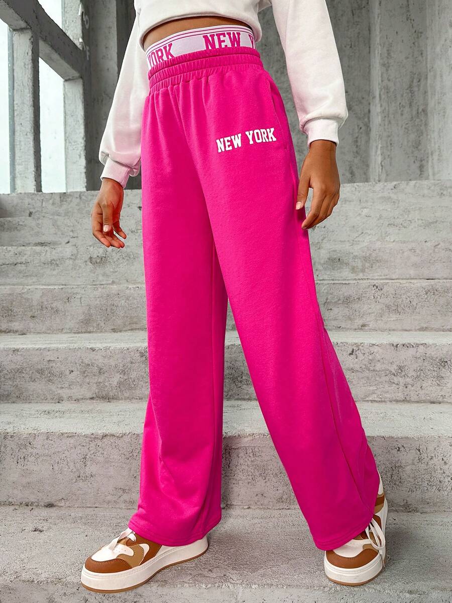 SHEIN 女大童字母圖案闊腿衛褲 - 玫紅色 - 查看 1