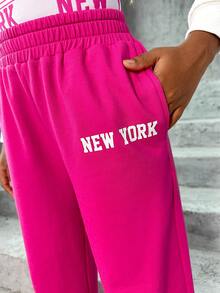SHEIN 女大童字母圖案闊腿衛褲 - 玫紅色 - 查看 4