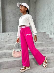 SHEIN 女大童字母圖案闊腿衛褲 - 玫紅色 - 查看 5