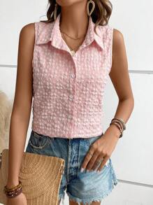 SHEIN LUNE 前紐扣無袖襯衫 - 粉色 - 查看 1