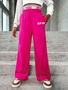 SHEIN 女大童字母圖案闊腿衛褲 - 玫紅色 - 查看 6