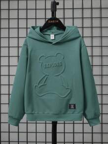 SHEIN 青少年男孩卡通熊压花字母图案休闲长袖连帽卫衣