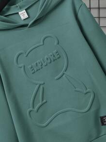 SHEIN 青少年男孩卡通熊压花字母图案休闲长袖连帽卫衣