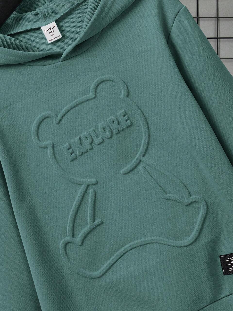 Kids Tween Boy Cartoon Bear Embossed Letter Graphic Casual Long Sleeve Autumn Sweatshirt
