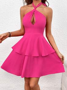 SHEIN VCAY Ca-vát Backless Hai lớp Hem Halter Neck Đầm - Màu Hồng Tươi - Xem 2