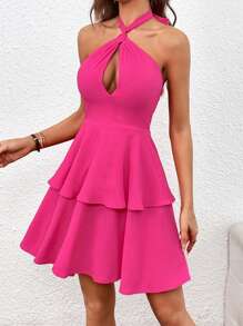 SHEIN VCAY Ca-vát Backless Hai lớp Hem Halter Neck Đầm - Màu Hồng Tươi - Xem 5