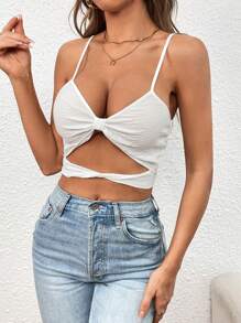 SHEIN VCAY Cắt ra Mặt trước xoắn Cami ngọn - trắng - Xem 1