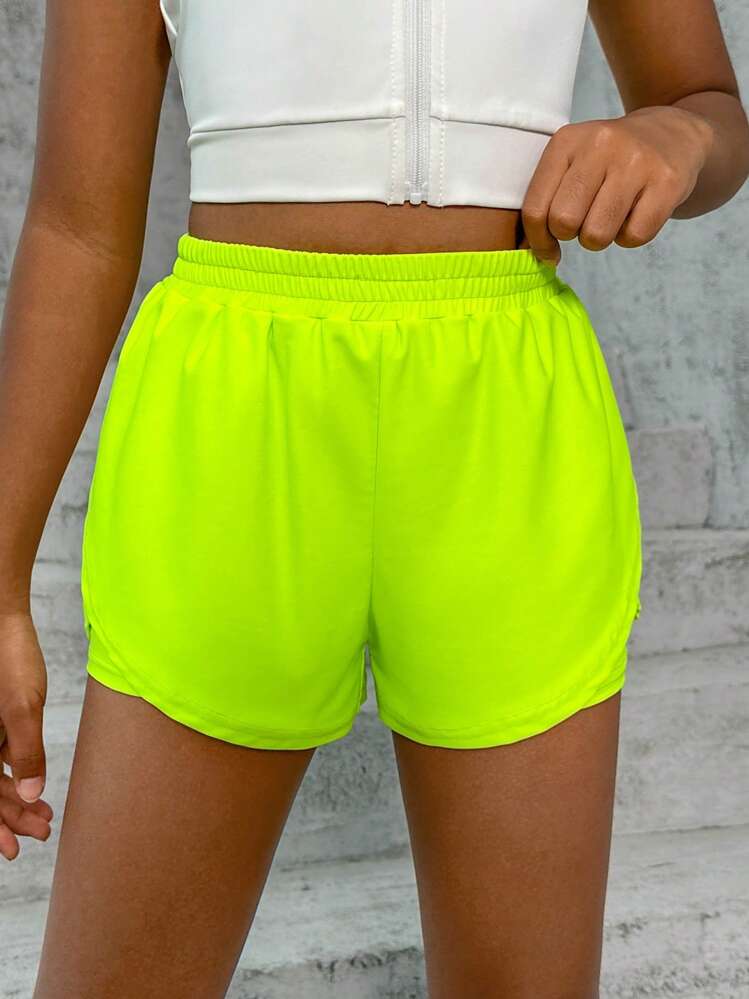 SHEIN Tween Girls' Elastic Waist Loose Knit Shorts, Solid Color - Lime Green - View 7