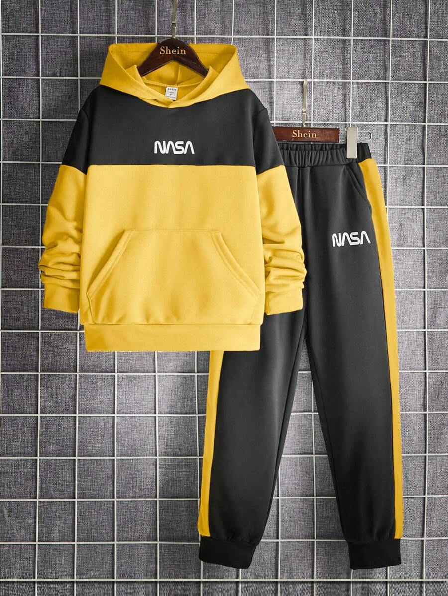 SHEIN 男大童字母圖案雙色連帽衫和運動褲 - 黃色 - 查看 1