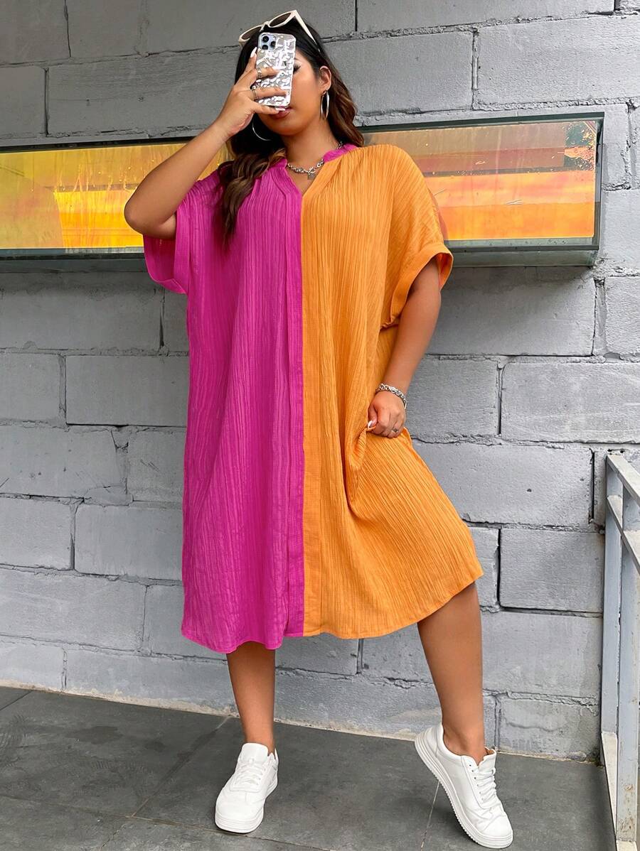 SHEIN Clasi 大碼雙色蝙蝠袖缺口領連衣裙 - 彩色 - 查看 1