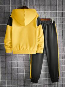 SHEIN 男大童字母圖案雙色連帽衫和運動褲 - 黃色 - 查看 2