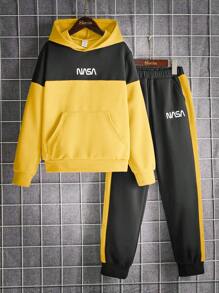 SHEIN 男大童字母圖案雙色連帽衫和運動褲 - 黃色 - 查看 3
