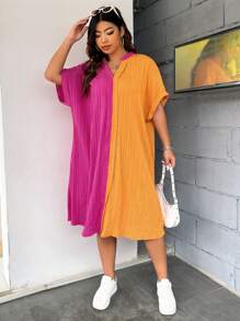 SHEIN Clasi 大碼雙色蝙蝠袖缺口領連衣裙 - 彩色 - 查看 3