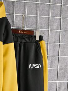 SHEIN 男大童字母圖案雙色連帽衫和運動褲 - 黃色 - 查看 4
