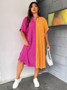 SHEIN Clasi 大碼雙色蝙蝠袖缺口領連衣裙 - 彩色 - 查看 5