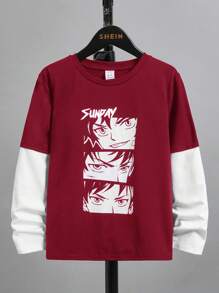 SHEIN 男大童日本字母和數字圖案假兩入組T恤 - 酒紅色 - 查看 1