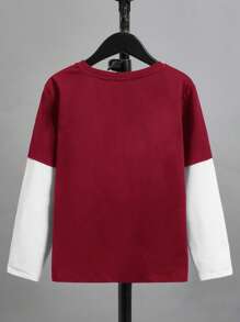 SHEIN 男大童日本字母和數字圖案假兩入組T恤 - 酒紅色 - 查看 2