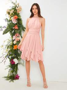 SHEIN Belle 素色1入組褶邊繞頸荷葉邊伴娘連衣裙 - 淺粉色 - 查看 1