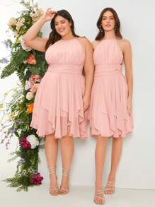 SHEIN Belle 素色1入組褶邊繞頸荷葉邊伴娘連衣裙 - 淺粉色 - 查看 2