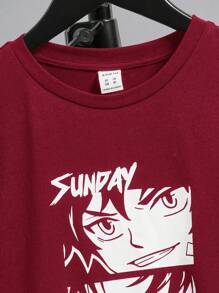SHEIN 男大童日本字母和數字圖案假兩入組T恤 - 酒紅色 - 查看 5