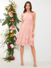 SHEIN Belle 素色1入組褶邊繞頸荷葉邊伴娘連衣裙 - 淺粉色 - 查看 4